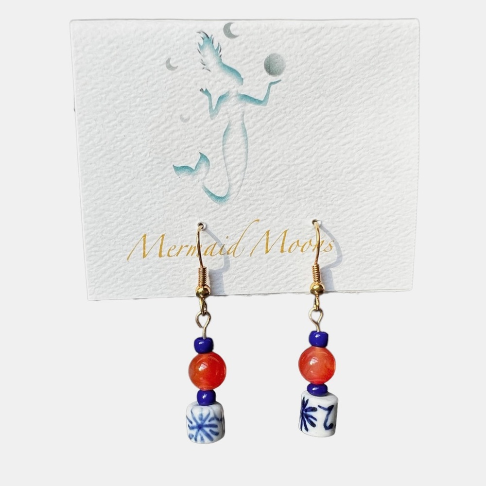 Asian Inspired Drop Earrings. Blue & White Porcelain, Tangerine Beads. Artisan.